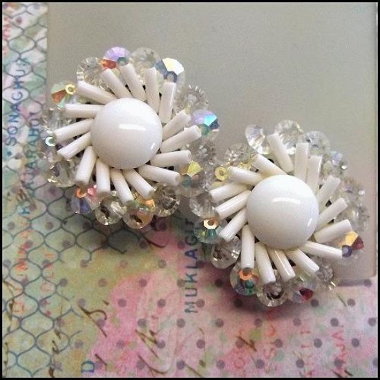 1950s Vintage Milk Glass Clip Earrings West Germany w Crystal Spirals 