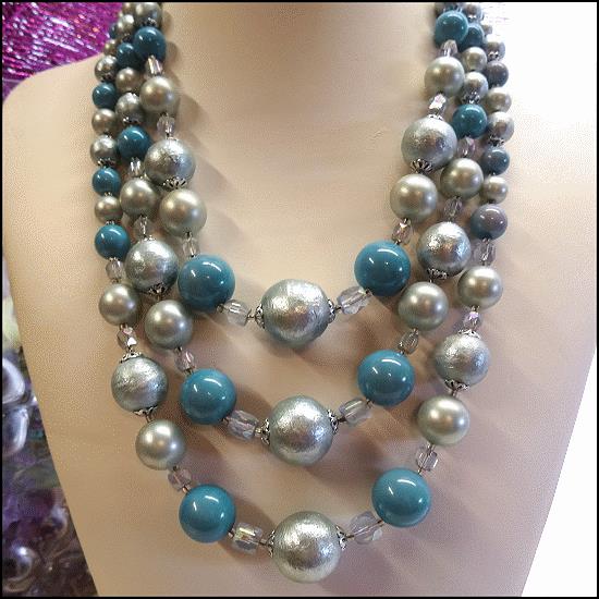 1950s Ice Blue Pearls w Crystals Triple Strand Vintage Necklace