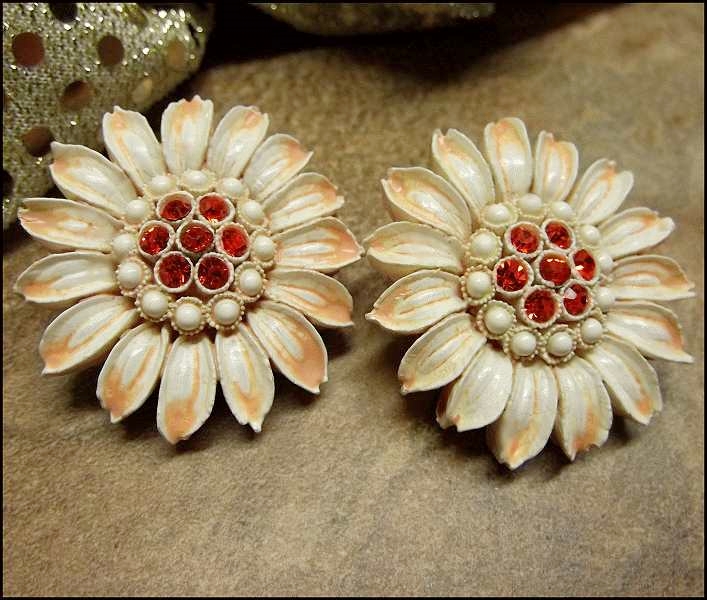 1950s Signed CORO Celluloid Rhinestone Flower Vintage Earrings