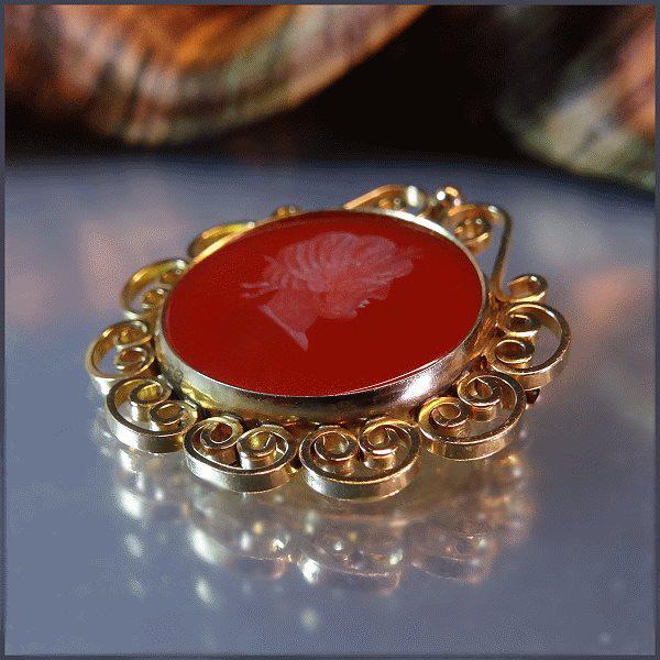 1950s Vintage 12kt GF Gold Cameo Pin Carved Carnelian 