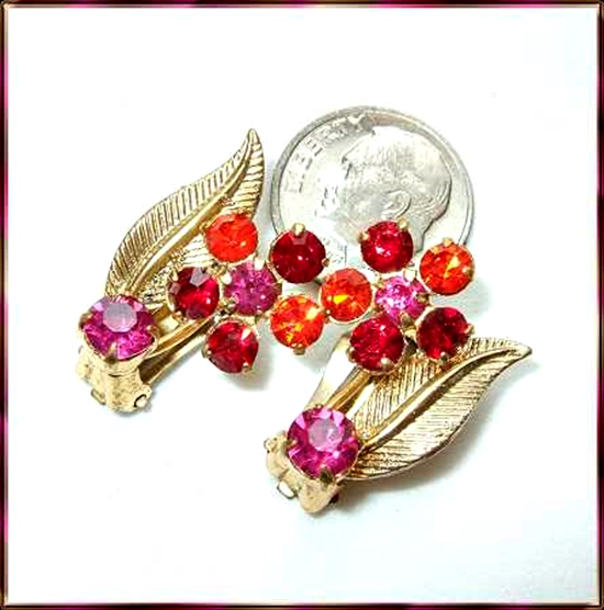 1940s Austrian Signed Orange n Pink Crystal Pin w Earrings Set