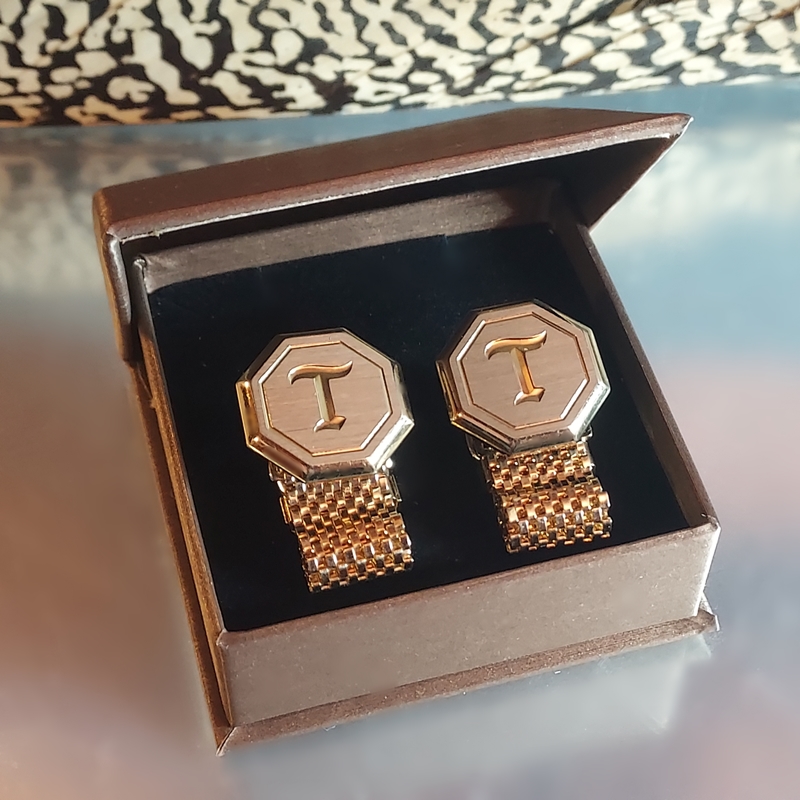 1970s Gold Silver Engraved Initial T Octagonal Vintage Cufflinks