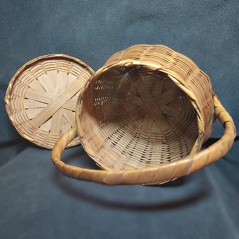 1950s Vintage Lidded Basket Mid Century Squatty Round Bamboo Canes