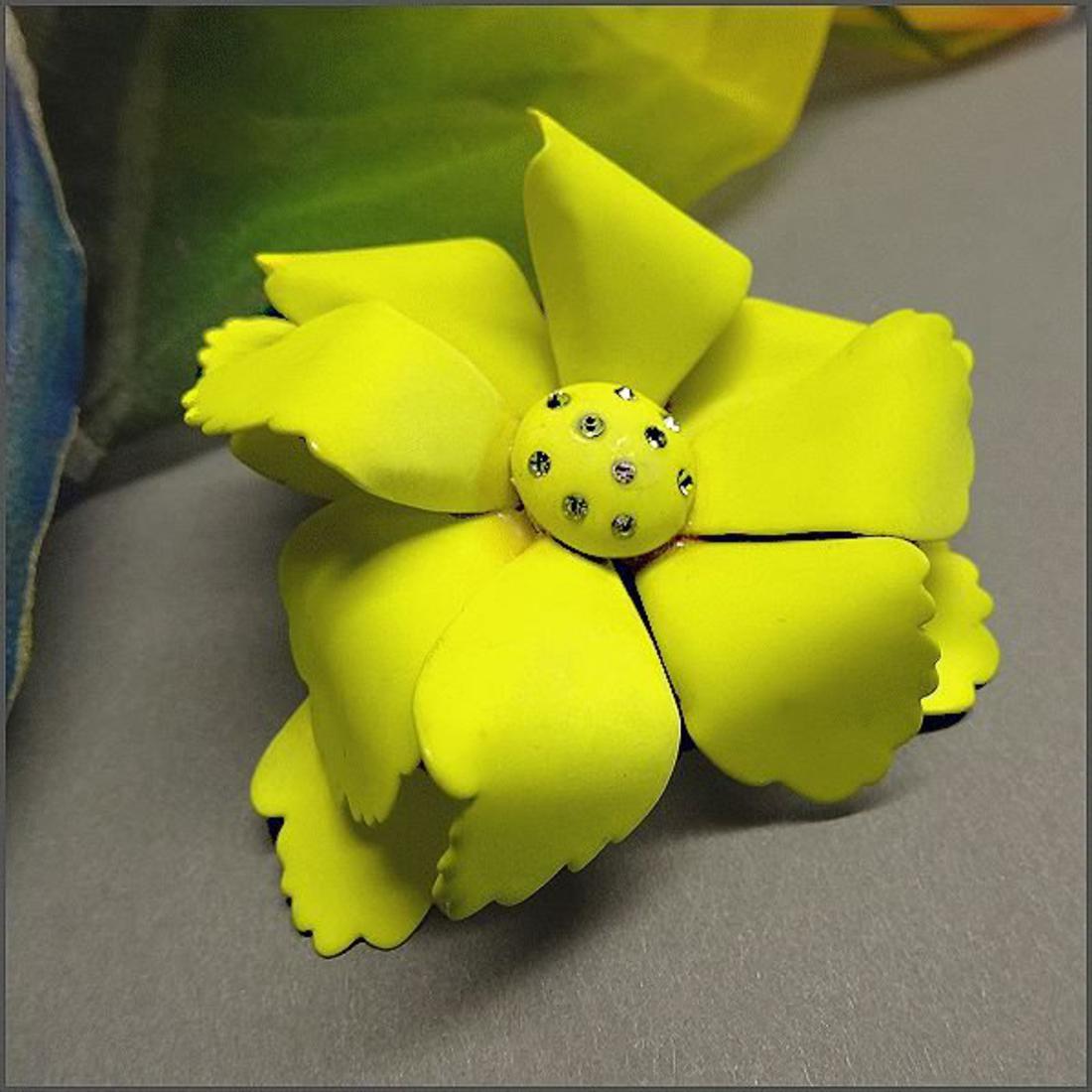 1960s Wild Vintage Brooch RARE Satin Lime Green w Rhinestones 