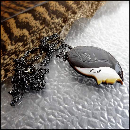 1920s Art Deco Carved Tortoise Shell Lady Face Antique Pendant Necklace