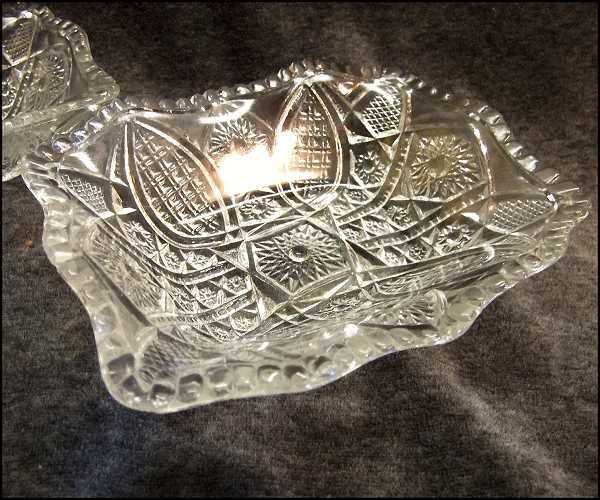 Early 1900s Vintage EAPG Glass Nappy Dishes Pleated Medallions Pair