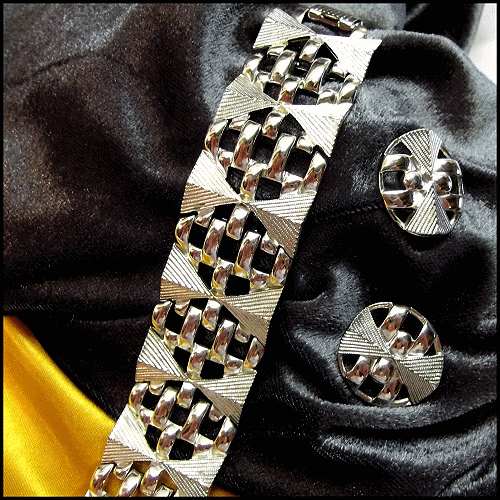 1950s Signed Coro Pegasus Silver Retro Vintage Bracelet w Earrings Set