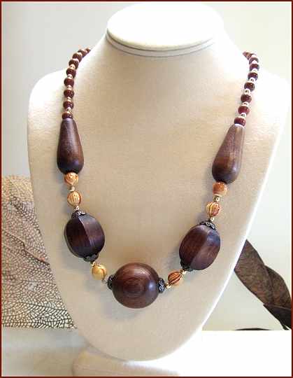 1970s Vintage Necklace Unique Handmade Cherry Wood w Sterling Beads 