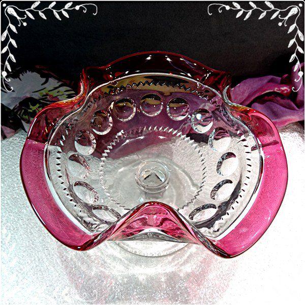 Kings Crown Large Vintage Candy Dish Fluted Cranberry Glass