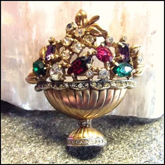 1947 CORO Flower Basket Vintage Brooch 22kt GP Gold Book Piece