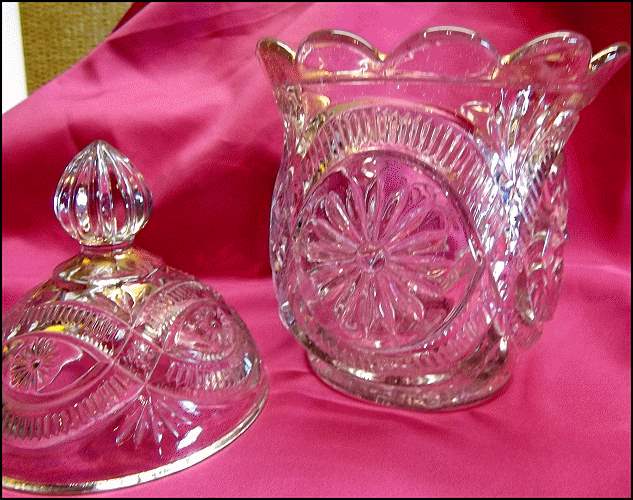 1908 Antique EAPG Glass Candy Dish Apothecary Jar Pleated Medallion
