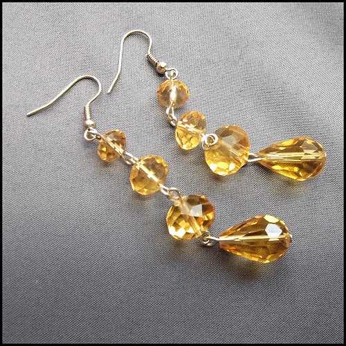 Gold Citrine Crystal Long Dangle Pierced Earrings