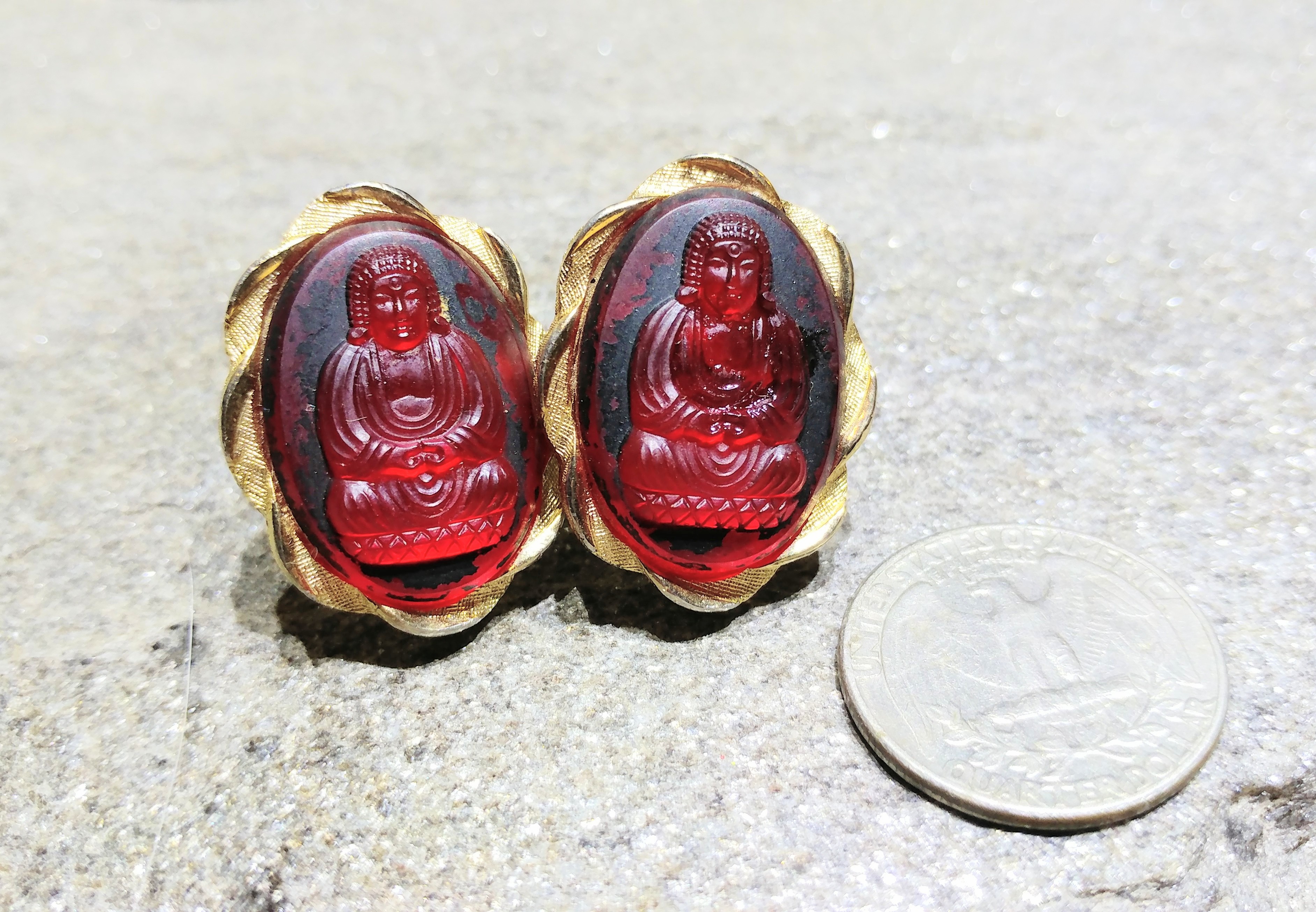 1960s Signed Swank Ruby Glass Large Buddha Vintage Cufflinks