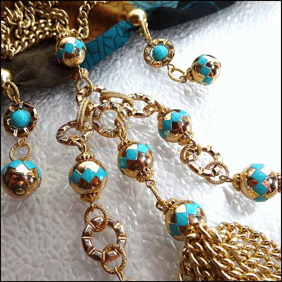 1960s Vintage Long Tassel Necklace w Earrings Gold w Turquoise Set