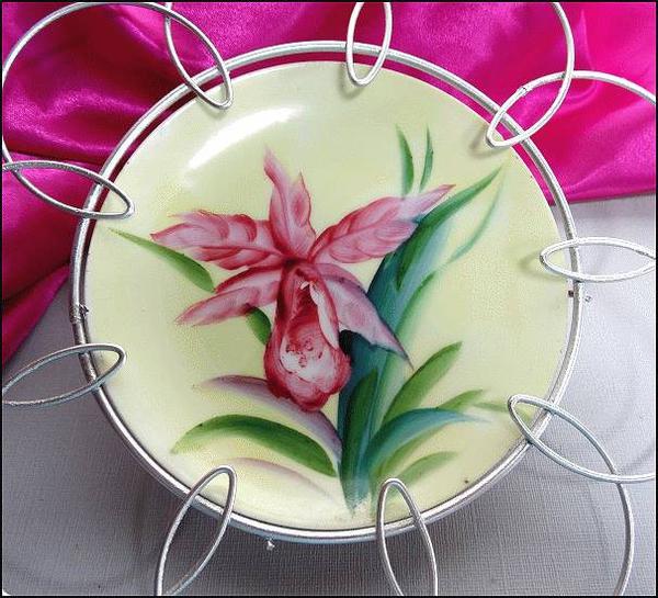 1940s Shabby Chic Hand Painted Orchid Plate w Metal Frame