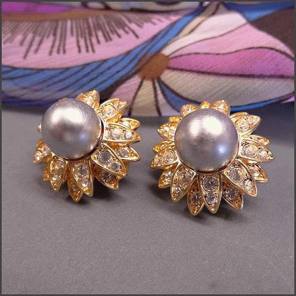 Joan Rivers Signed Grey Pearl Rhinestone Vintage Clip Earrings