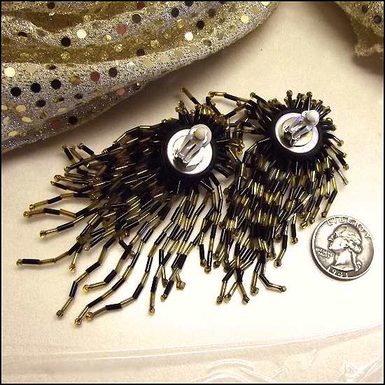 1980s Vintage Chandelier Earrings Gold n Black Glass Dangles