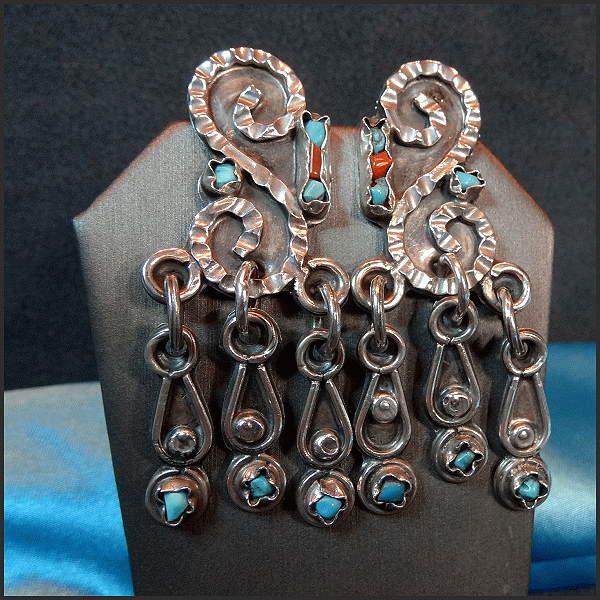 Eccentric Mayan Sterling Silver Turquoise Pierced Earrings
