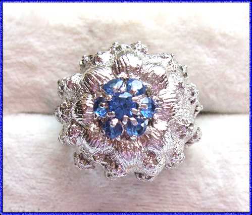 1960s Blue Rhinestone Vintage Ring Brushed Silver Flower