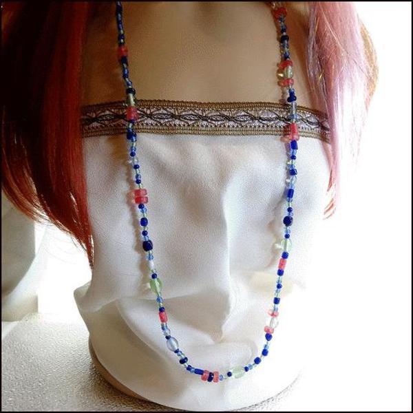 1970s Rare Venetian Cobalt n Pink Glass Long Vintage Necklace