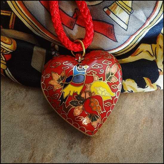 1970s Tropical Bird Red Cloisonne Vintage Heart Necklace