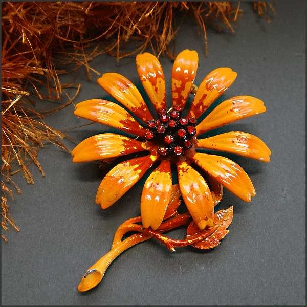 1960s Vintage Flower Brooch Orange w Tangerine Rhinestones Signed HEDY 