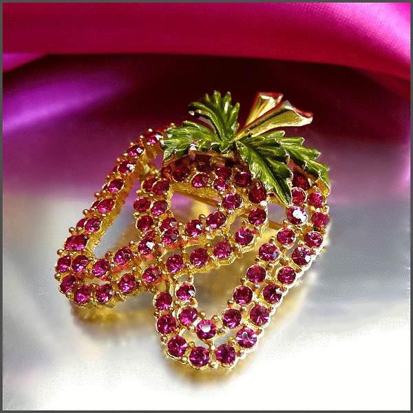 1950s Vintage Strawberry Pin Hot Pink Rhinestones 