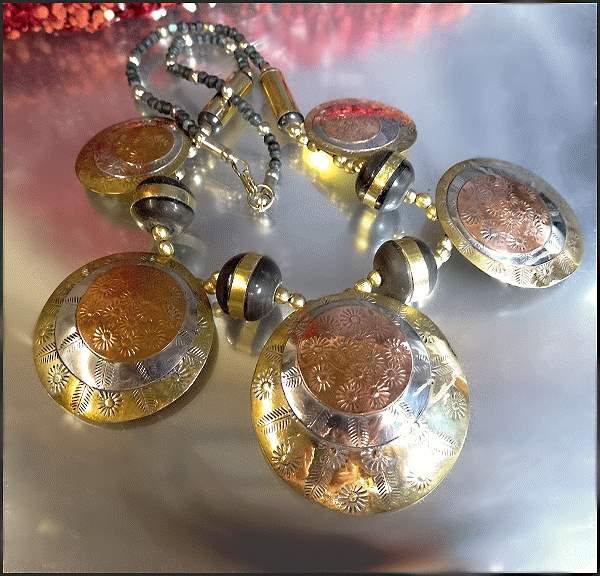 1970s Vintage Necklace Big Copper Brass Silver Etched Medallions