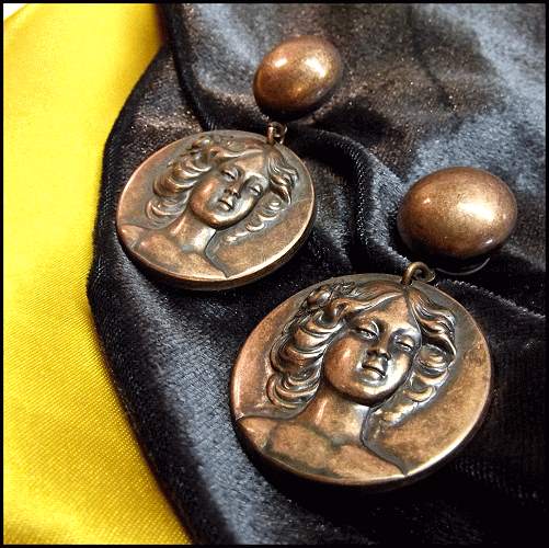 1960s Art Nouveau Style Lady Pierced Vintage Earrings