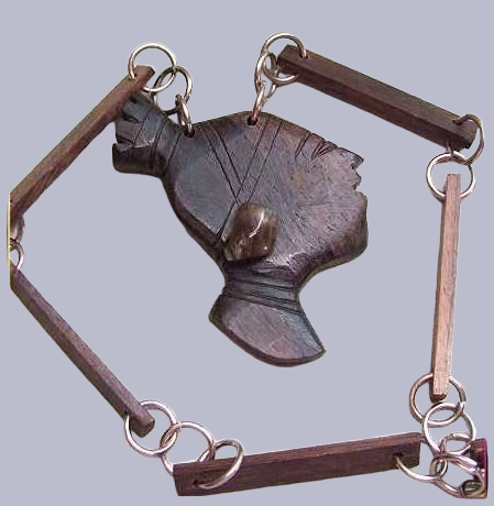 1960s Vintage Necklace Jamaican Wood Carved Lady Face Pendant 