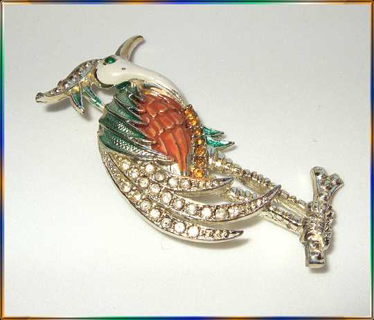 1930s Antique Bird Brooch Book Piece Pot Metal Rhinestone Heron 