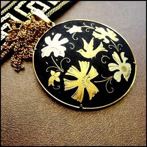 1950s Spanish Damascene Gold Bird Vintage Pendant Necklace