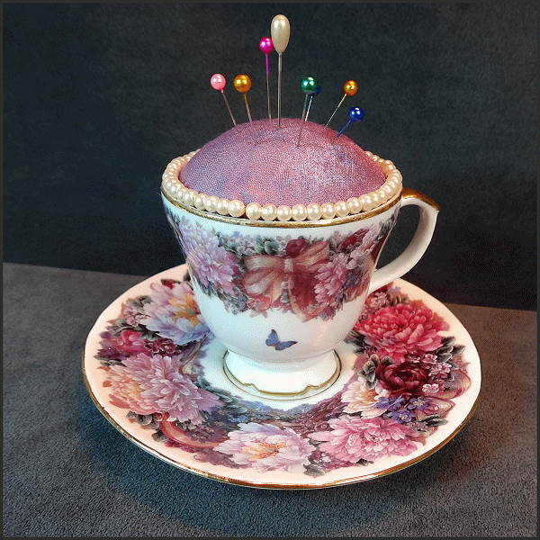1995 Vintage Teacup Pin Cushion Sgnd Lena Lui Peonies w Butterflies