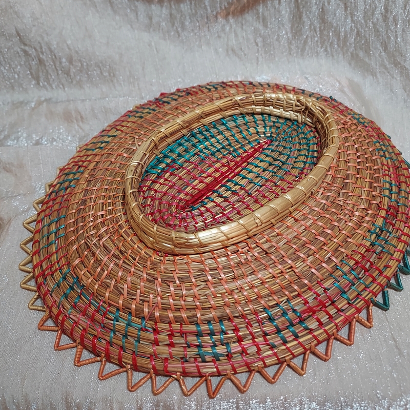 Rare 1970s Turtle Vintage Basket Long Pine Needle w Rainbow Straw Raffia