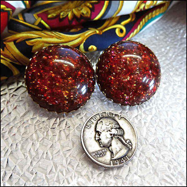 1950s Vintage Confetti Lucite Clip Earrings Red Gold Buttons Signed CORO