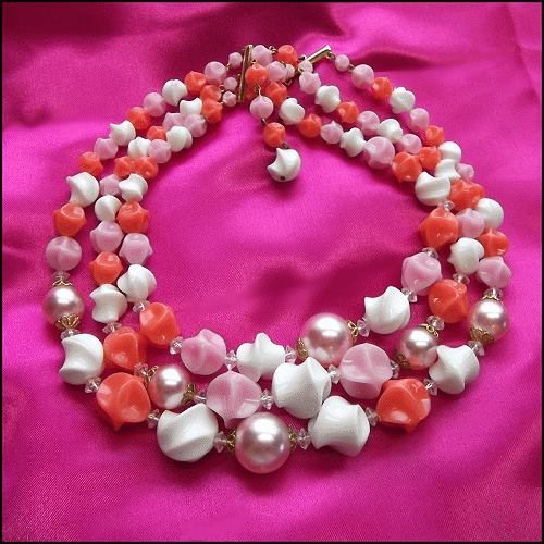 1960s Vintage Pearl Necklace West Germany Pink 3 Strand
