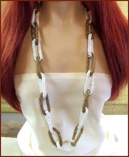 1980s Elegant Gold n White Glass Bead Loops Long Sexy Vintage Necklace