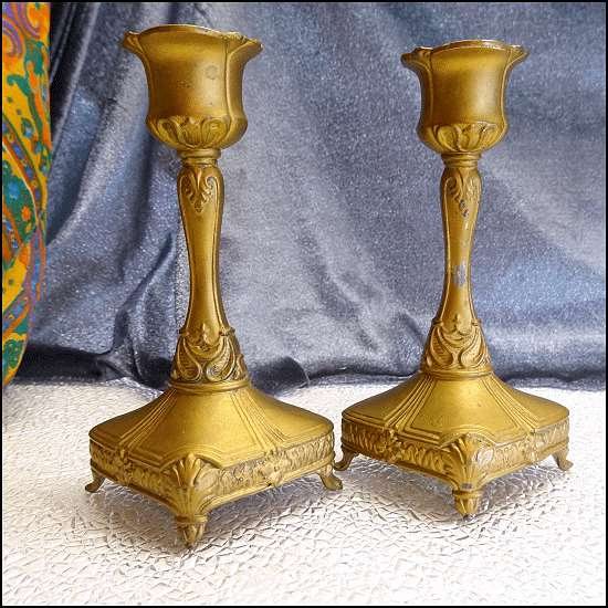 Antique Art Nouveau French Candlesticks Gold Metal Pair