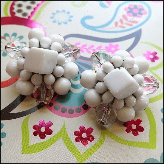 1950s Vintage Milk Glass Clip Earrings Cubes w Crystals 