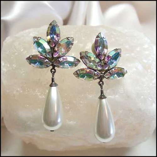 1950s Vintage Pearl Chandelier Clip Earrings w Pastel Austrian Crystals