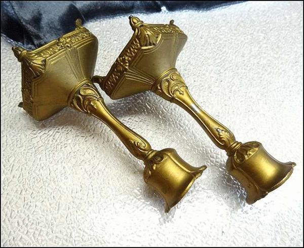 Antique Art Nouveau French Candlesticks Gold Metal Pair