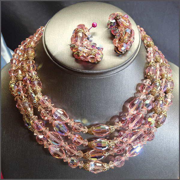 1950s Pink Austrian Crystal Necklace w Earrings Set Weiss Jewelry