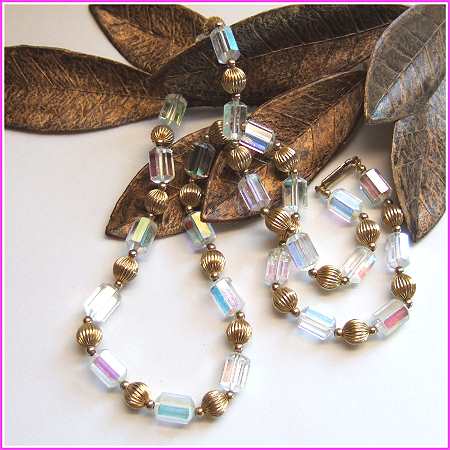 1940s Austrian Barrel Crystal Vintage Necklace w Gold Beads