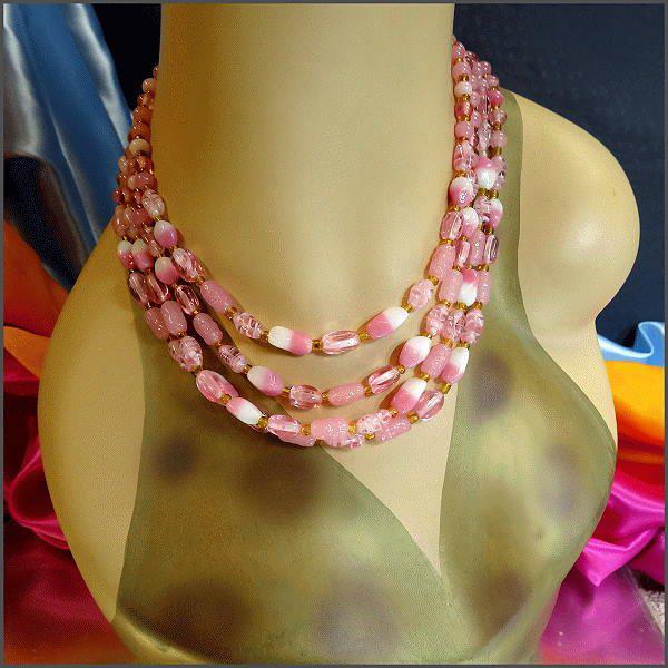 1950s French Pink Caned Glass 4 Strand Necklace w Earrings Set