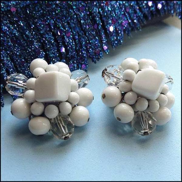 1950s Vintage Milk Glass Clip Earrings Cubes w Crystals 