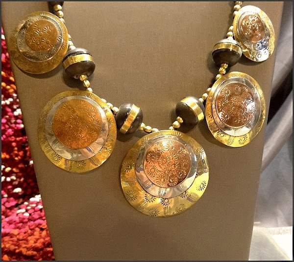 1970s Vintage Necklace Big Copper Brass Silver Etched Medallions