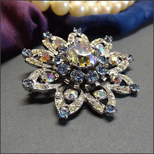 1950s RARE Vintage Austria Signed Crystal Pin w Earrings Snowflakes