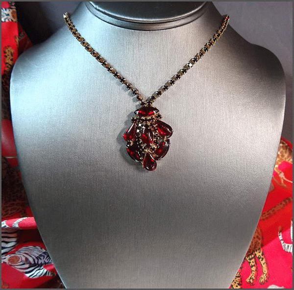 1950s Ruby Red Bohemian Glass Vintage Lavalier Necklace