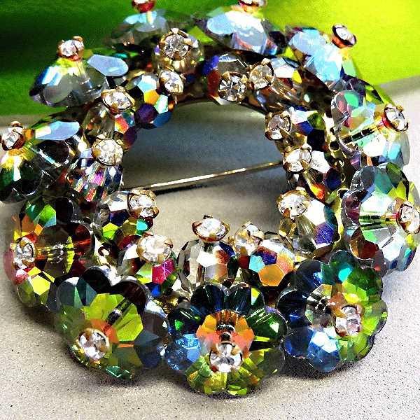 1950s Watermelon Rivolis Vintage Crystal Brooch Sherman