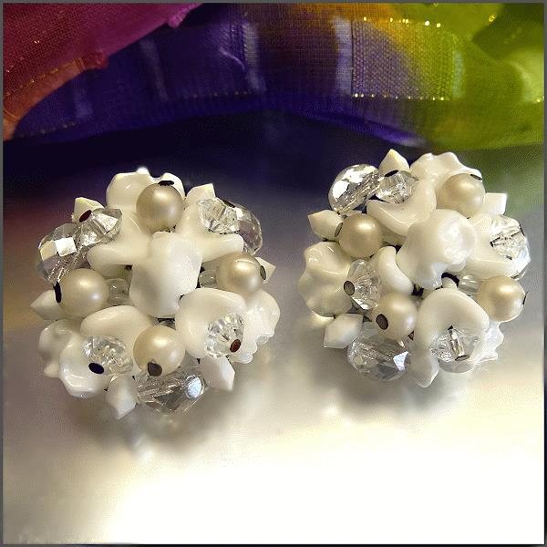 1950s Vintage Milk Glass Clip Earrings West Germany w Pearls n Crystals